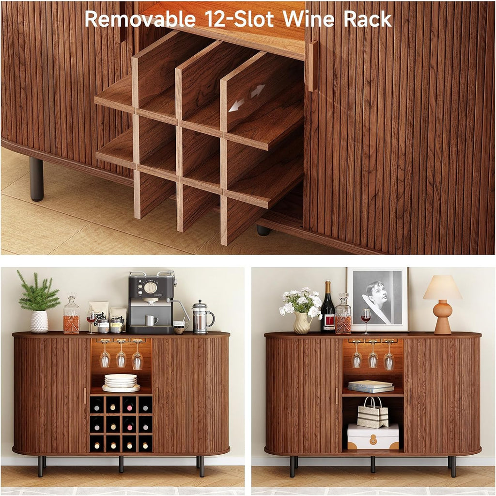 ONBRILL 55" Wine Bar Cabinet with LED Light, Modern Fluted Liquor Whiskey Home Bar with Wine Rack and Glass Holder, Farmhouse Buffet Sideboard with Storage for Living Room, Kitchen, Entryway (Walnut)