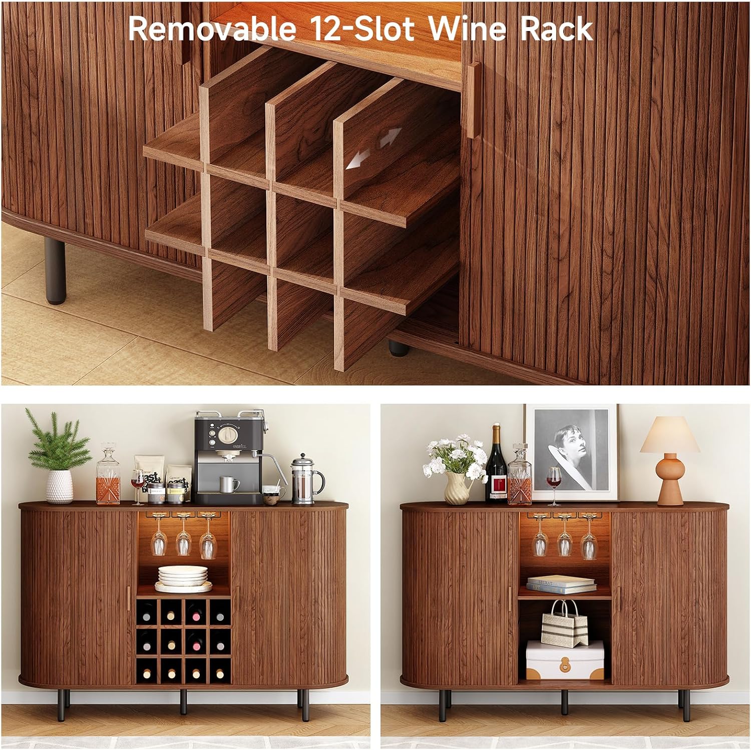 ONBRILL 55" Wine Bar Cabinet with LED Light, Modern Fluted Liquor Whiskey Home Bar with Wine Rack and Glass Holder, Farmhouse Buffet Sideboard with Storage for Living Room, Kitchen, Entryway (Walnut)