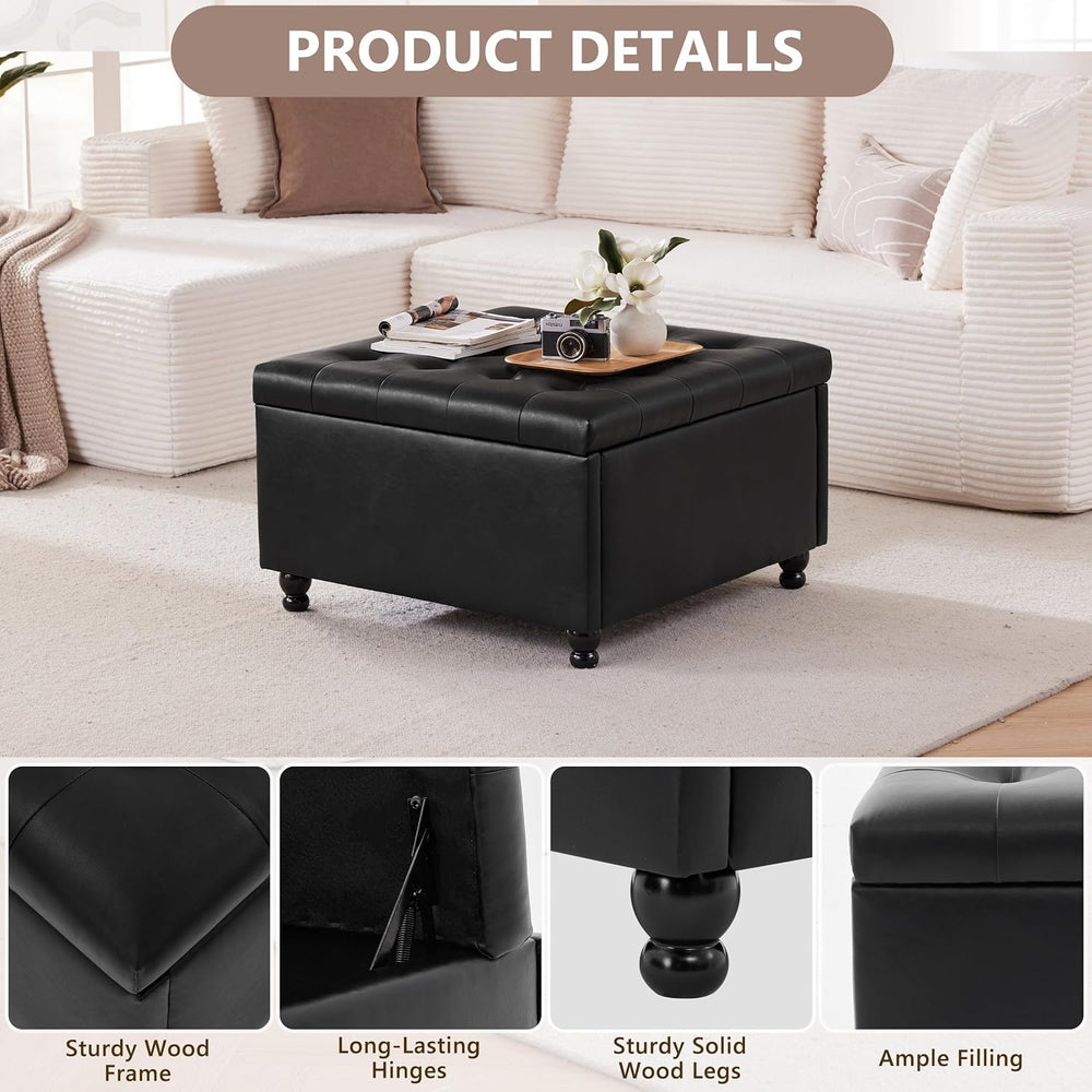 28" Large Square Ottoman with Storage, Leather Ottoman Coffee Table, Bla...