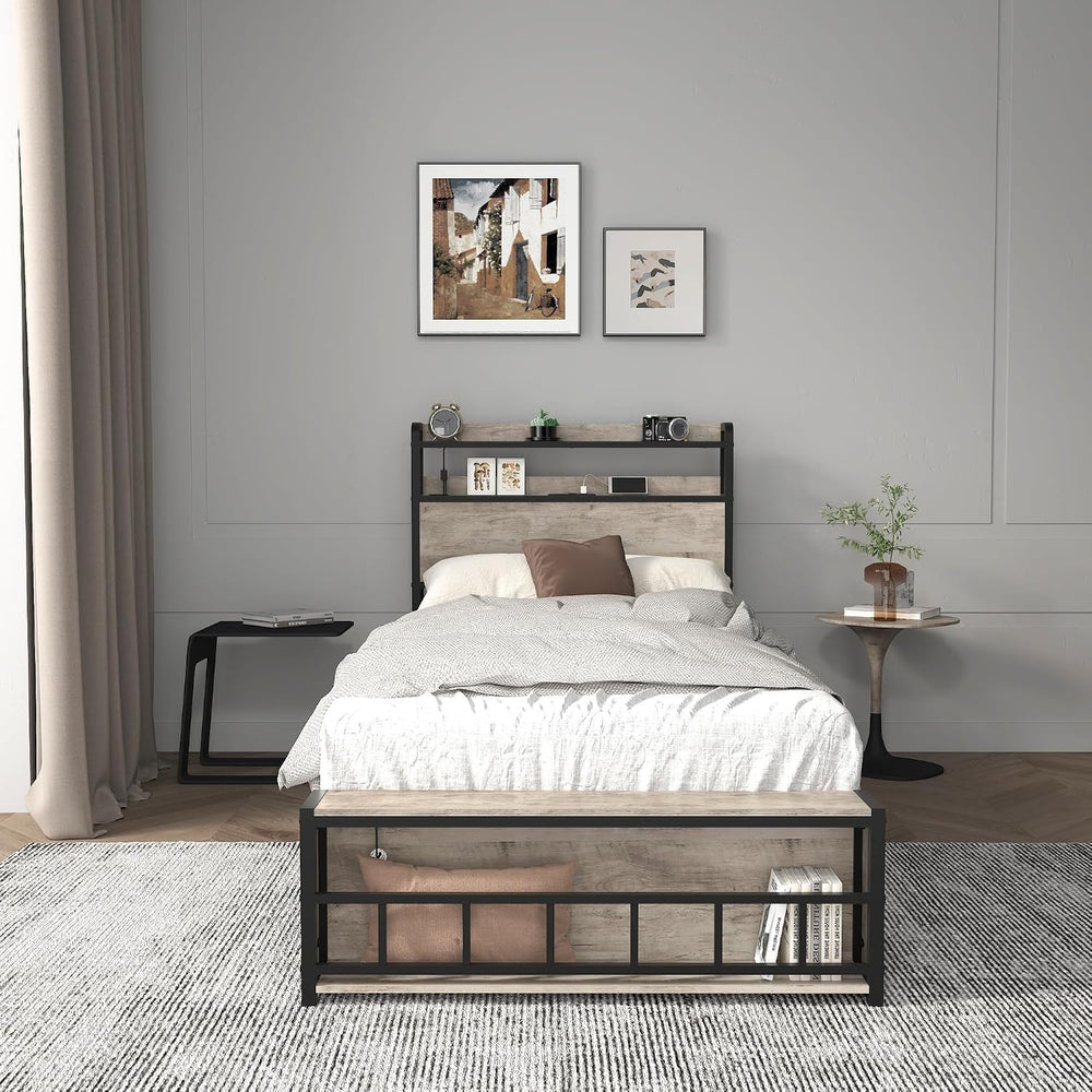 Peanu Twin Bed Frame, Charging Station, LED Headboard, Black Gray