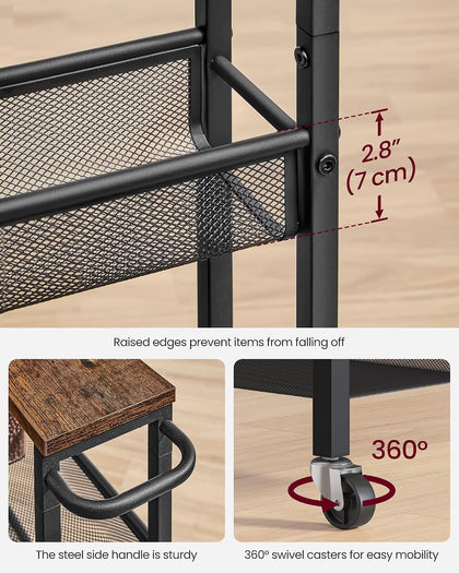VASAGLE Slim Storage Cart, 6-Tier Rolling Utility Cart, Skinny Shelf for Kitchen Pantry, Narrow Bathroom Organizer, 17.9 x 5.9 x 51.7 inch, Rustic Brown and Matte Black, Dacey Collection ULRC038K101