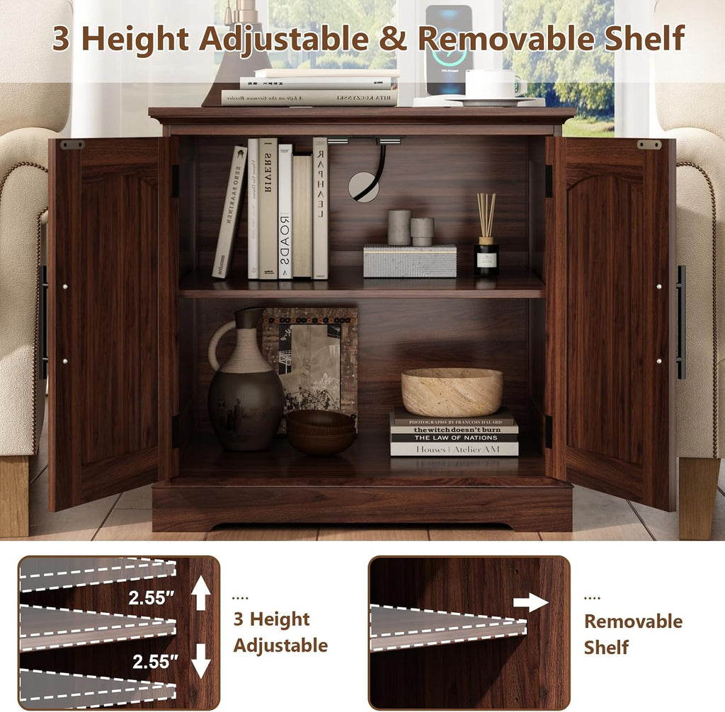 HOKYHOKY Rattan End Table with Charging Station, 24" Large Sofa Side Tabl | 2 Arched Doors, Boho Wood Square Nightstand, Bedside Tables with Adjustable Storage Shelf, Living Room, Bedroom