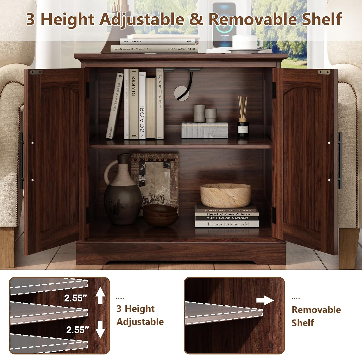 HOKYHOKY Rattan End Table with Charging Station, 24" Large Sofa Side Tabl | 2 Arched Doors, Boho Wood Square Nightstand, Bedside Tables with Adjustable Storage Shelf, Living Room, Bedroom