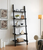 5-Tier Leaning Bookcase, 72" Wooden Narrow Ladder Shelf with 3 Sided Surround Baffle, Leaning Wall Organizer Storage Shelves for Living Room, Bedroom, Home Office (Espresso-01)