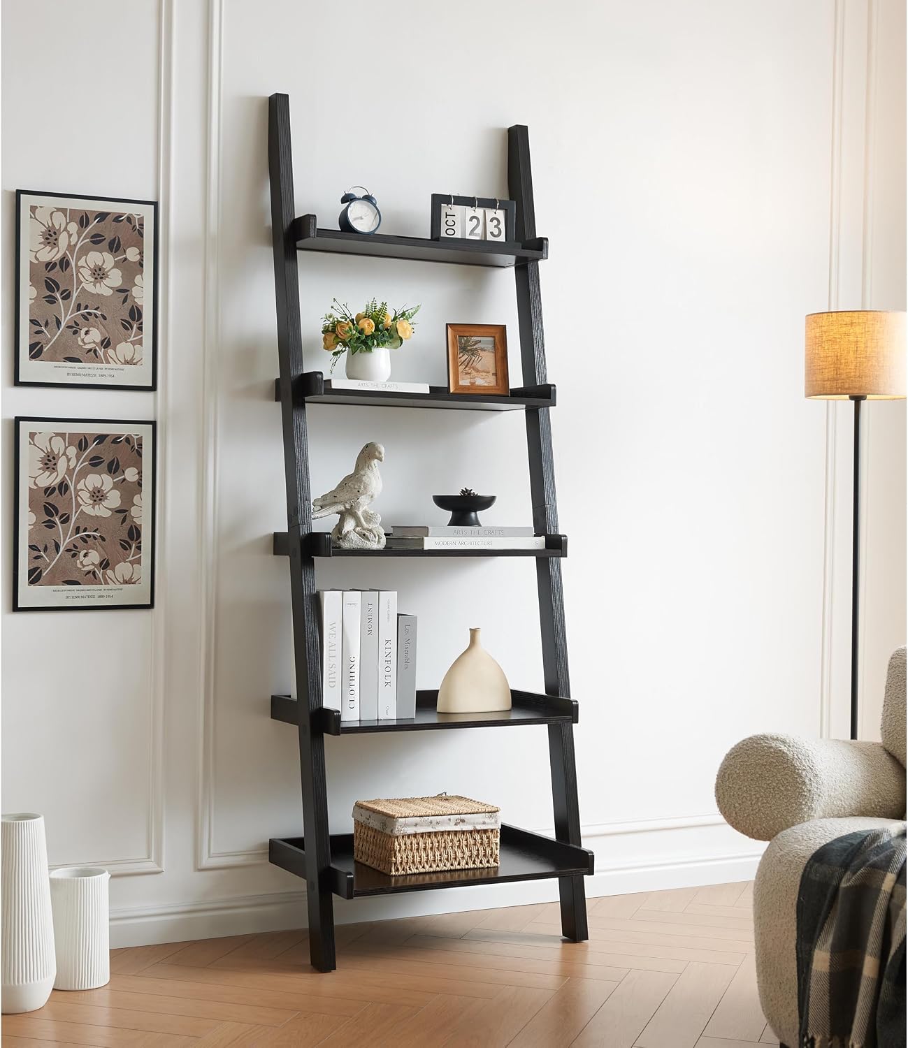5-Tier Leaning Bookcase, 72" Wooden Narrow Ladder Shelf with 3 Sided Surround Baffle, Leaning Wall Organizer Storage Shelves for Living Room, Bedroom, Home Office (Espresso-01)