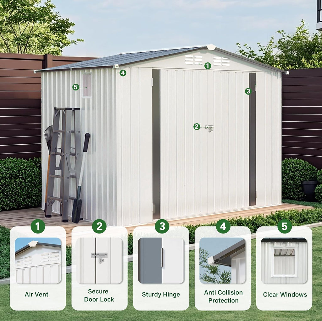 Metal Storage Shed, 8X6 FT Lockable Outdoor Tool Shed with Air Vent and Clear Windows, Galvanized Steel Garden Shed for Backyard, Patio, Garden, Bike Storage or Outdoor Use, Grey