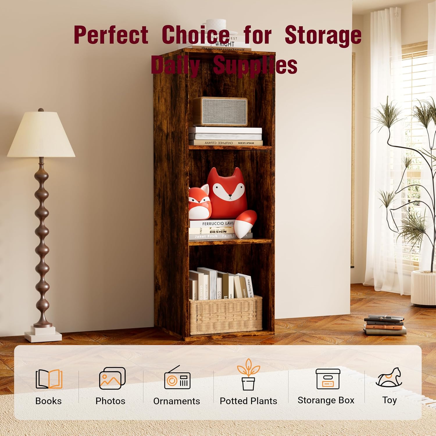 Book Shelf, Wooden Cube Storage Organizer with 11" Open Cubes, Stackable Bookcase for Room Divider Storage, 3 Tier Bookshelf for Living Room, Bedroom, Office (Indonesian Antique Oak, 3-Cube)