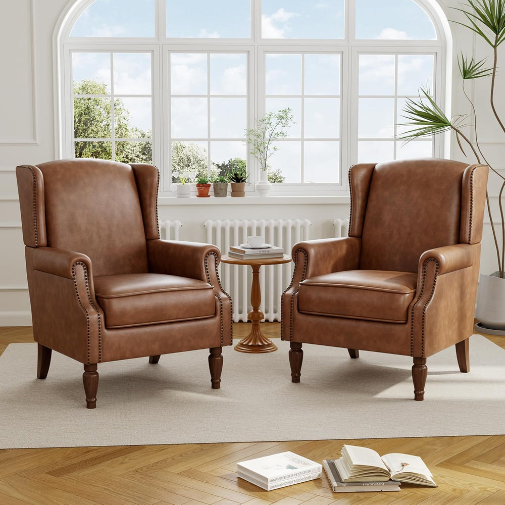 PU Leather High Back Accent Chair, Upholstered Armchair with Solid Wood Legs,...