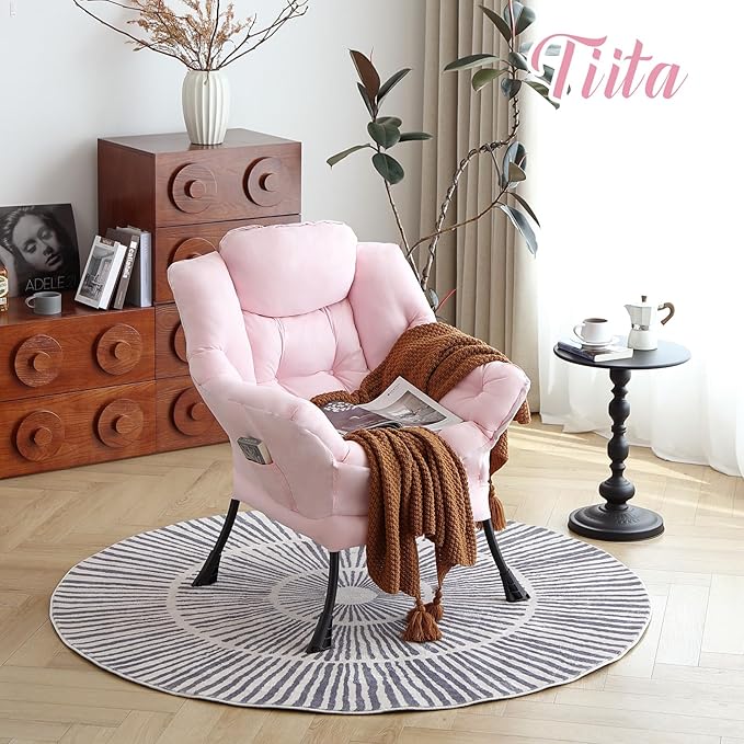 Tiita Lazy Chair, Modern Large Accent Lounge Armchair, Comfy Leisure Sofa Reading Chair with Footrest for Bedroom, Living Room, Dorm Rooms, Garden and Courtyard, Pink