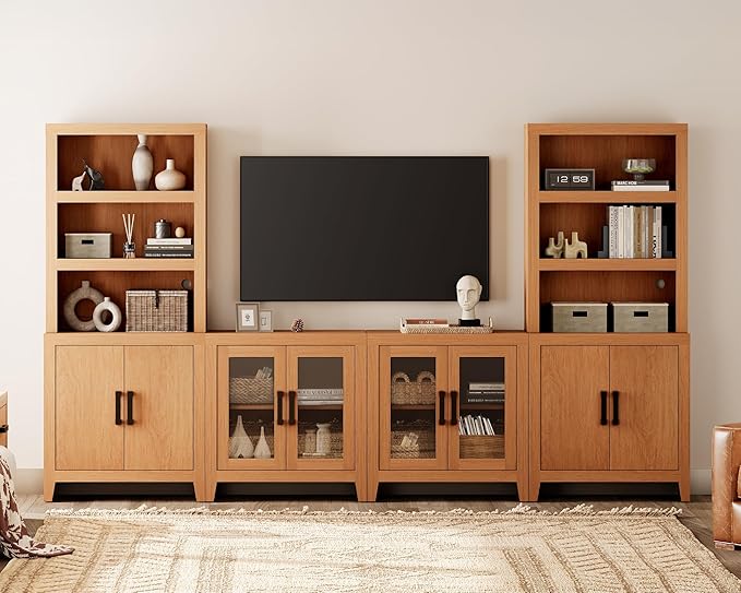 WAMPAT Entertainment Center with Bookshelves, 4-Piece Modular TV Stand with Storage Towers, Farmhouse Media Console with Glass Doors for Living Room, Bedroom, Mocha