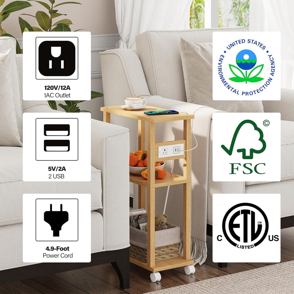 TUTOTAK Small Narrow Side Table with Charging Station, Skinny End Table for S...