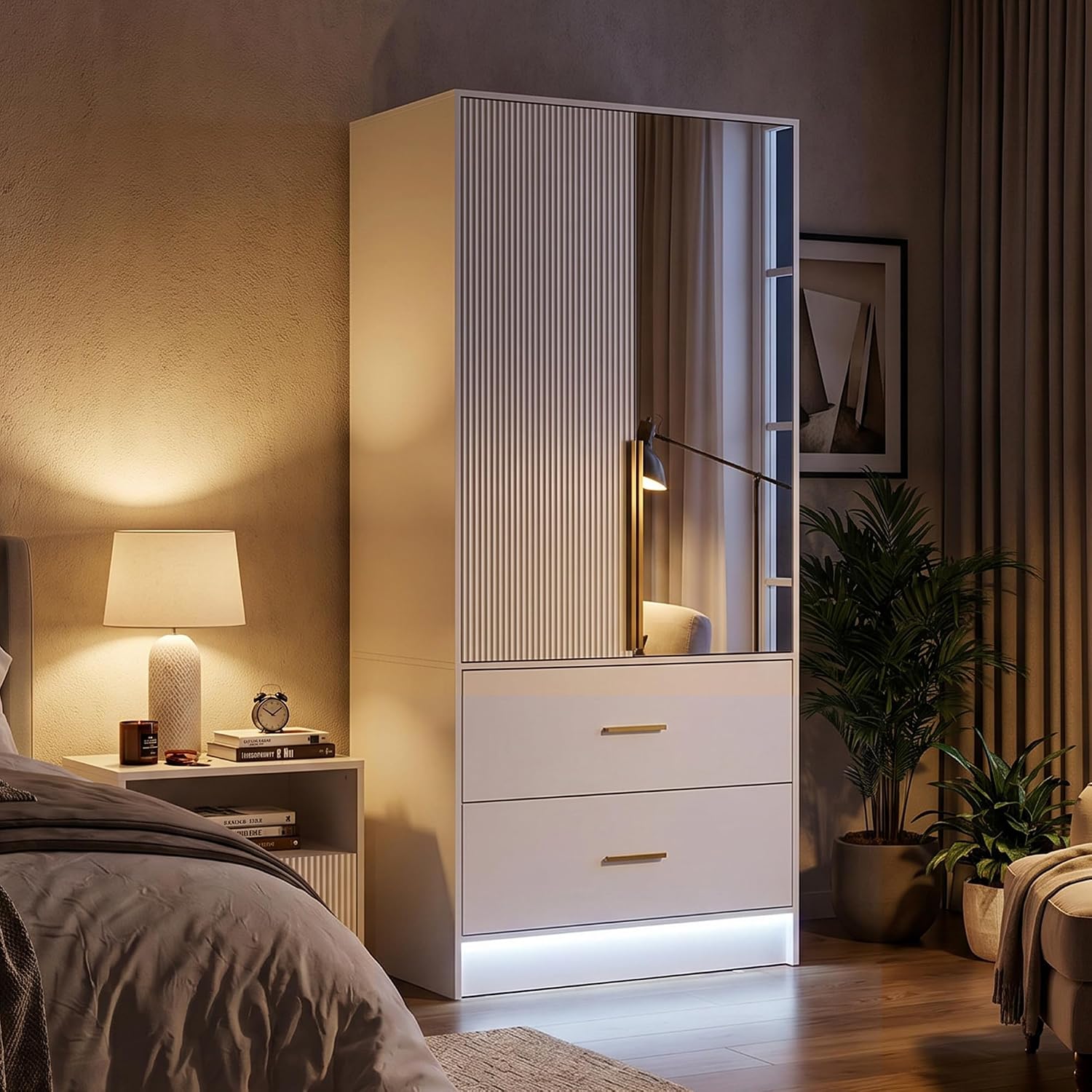 ECACAD 29.5" W Wardrobe Armoire with Mirror, Fluted Door & LED Light, Wooden Closet Storage Cabinet with Hanging Rod, 2 Doors and 2 Drawers for Bedroom, White