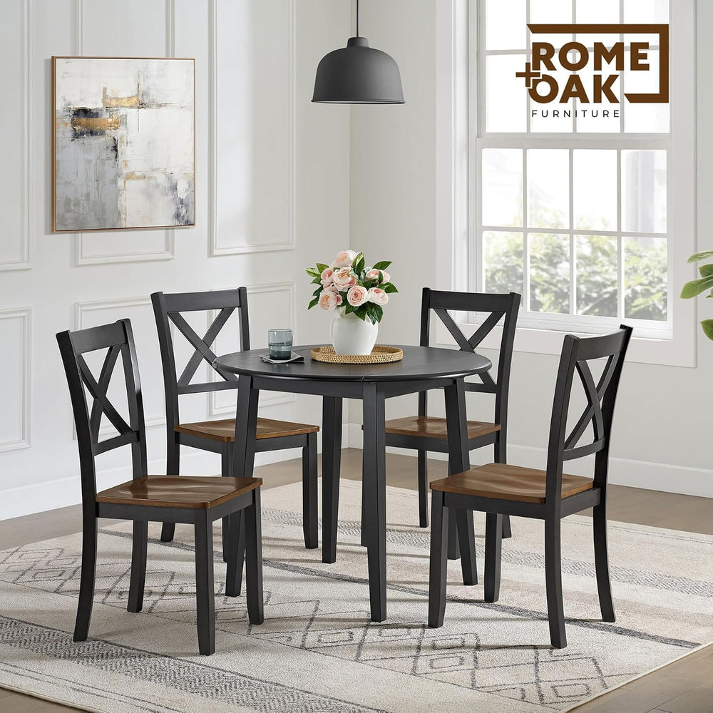 ROME + OAK Hinged Drop Leaf Dining Table, 22-36 Inch Round Tabletop with Stur...