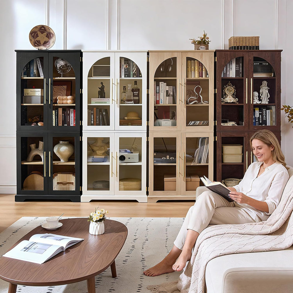 Joaxswe 72" Tall Bookshelf with 4 Curved Glass Doors, Farmhouse Bookcase...