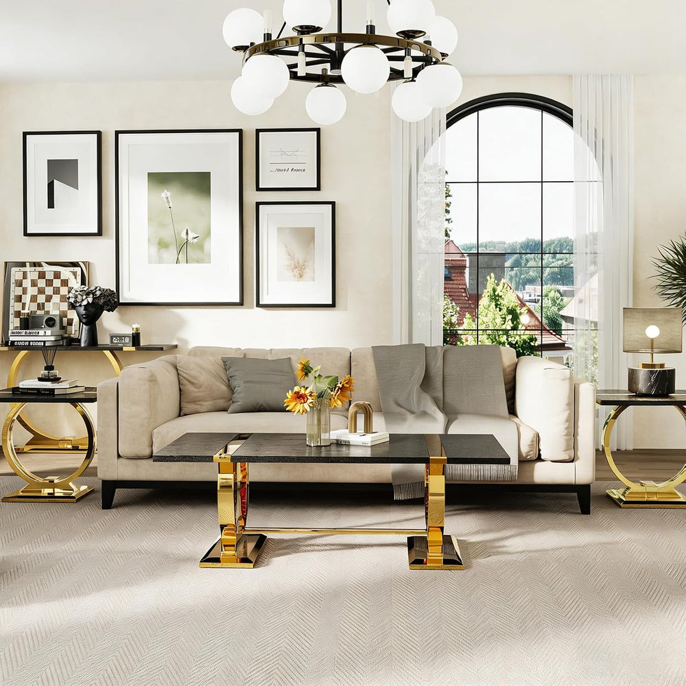 Asday 2 Piece Living Room Table Set, Black and Gold Coffee Table Set with Pol...
