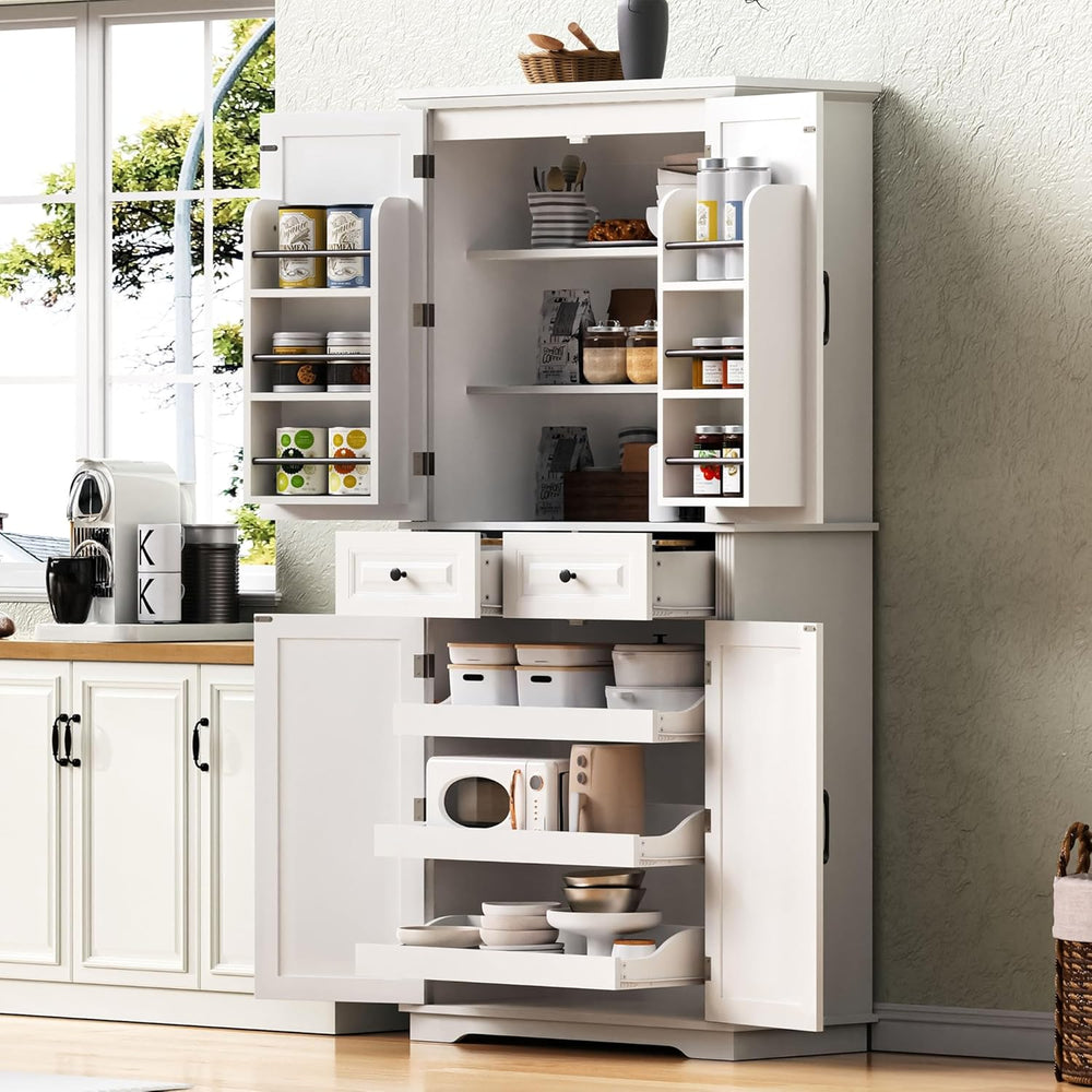 71" Tall Kitchen Pantry Cabinet with 3 Pull Out Cabinet Organizers, Farm...