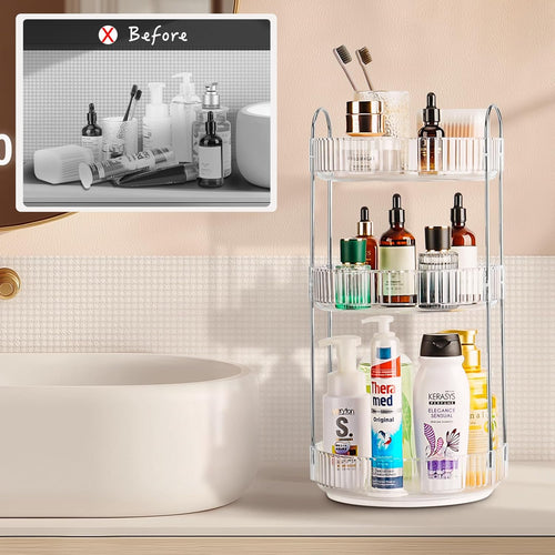 360 Rotating Makeup Organizer, 3 Tier Large Capacity Lazy Susan Bathroom Counter Organizer, Skincare Organizers, Spinning Perfume Organizer & Vanity Organizer Countertop (Silver Clear, 3 Tier)