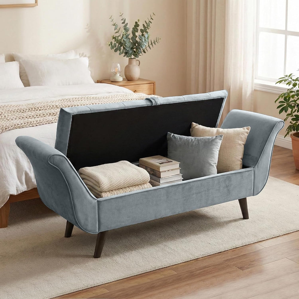 65" Velvet Storage Bench, 65" Vintage Upholstered Rolled Armed Butt...