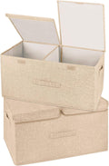 2 Pack Large Storage Boxes with Lids and Handles, Collapsible Linen Storage Bins Organizer Containers Baskets Cube with Removable Divider for Home Bedroom Closet Office (Khaki, Large)