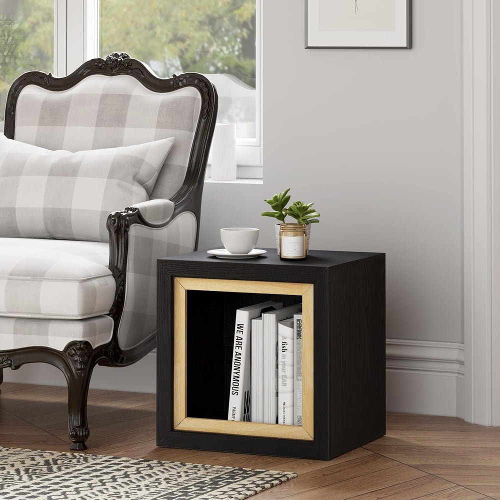 Aoikax Modern Cube End Table with Open Center Shelf, Geometric Wood Side Tabl...