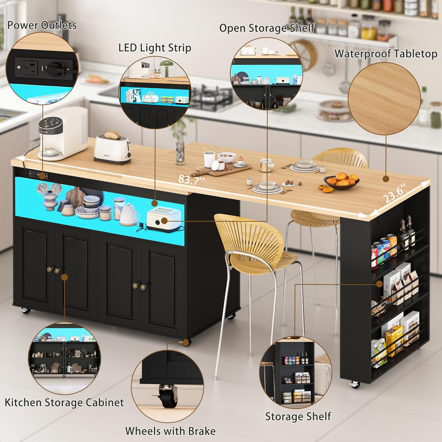 84’’ Rolling Kitchen Island with Swivel Table, Islands Cart with LED Lights, Power Outlet, Movable Storage Cabinet with Side Tabletop on Wheels, for Living Room, Home Bar, Black