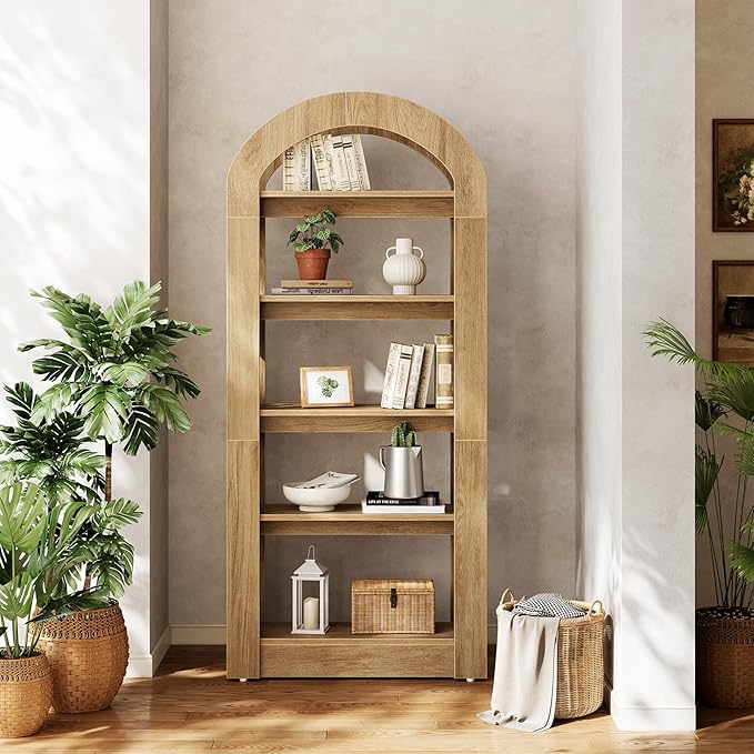LITTLE TREE 5-Tier Bookshelf, Arch-Shaped Racks, Tall Standing Wooden Bookcase Display Shelf Modern Storage Solution (2, Teak Color)