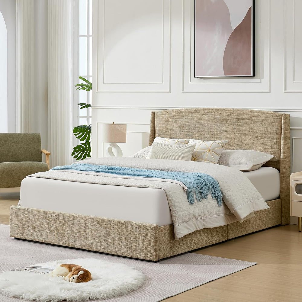 VELOCAVA Queen Storage Bed Frame with Curved Wingback Headboard, Linen-Look U...