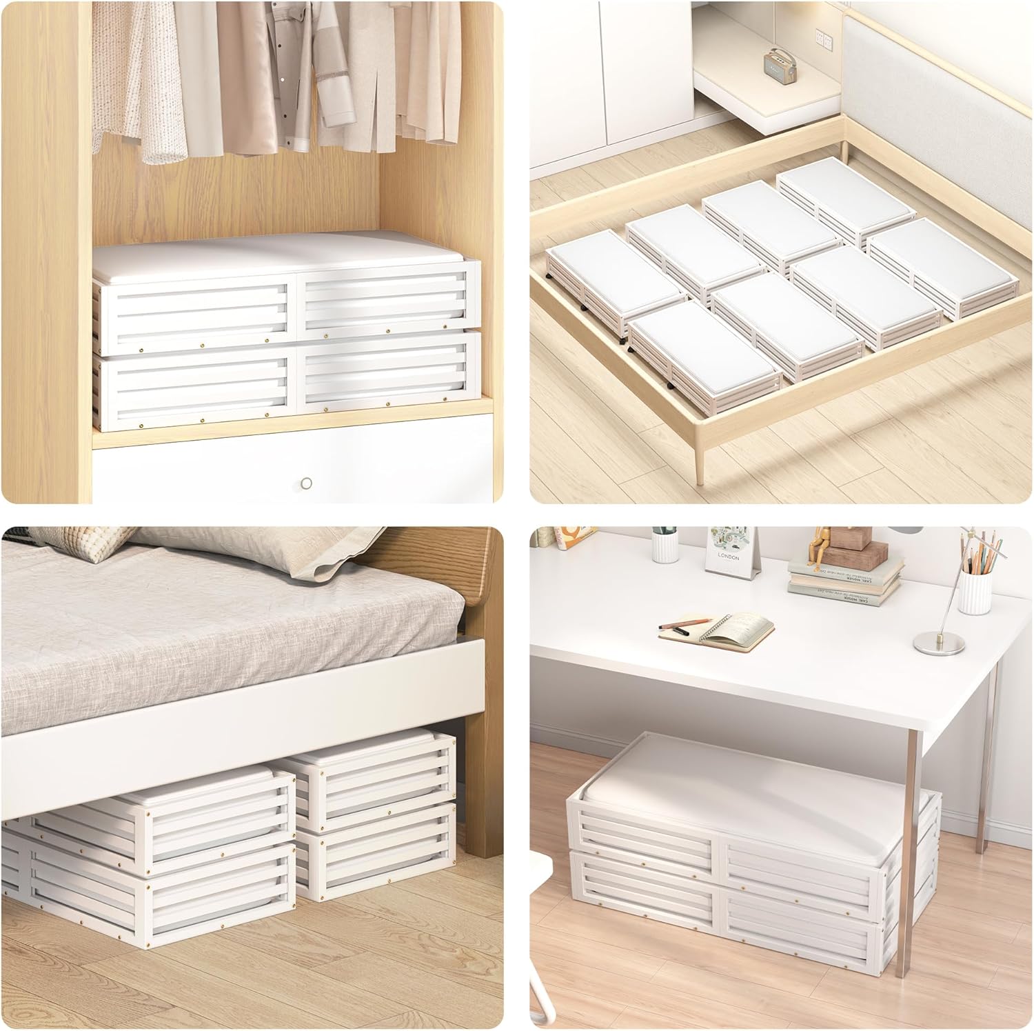 Wisuce Bamboo Under Bed Storage Containers- Underbed Organizer with Wheels with Large Dust Bag,Sturdy Wood Rolling Under the Bed Shoe Storage Organizer Drawer 2 Packs (White, Long)