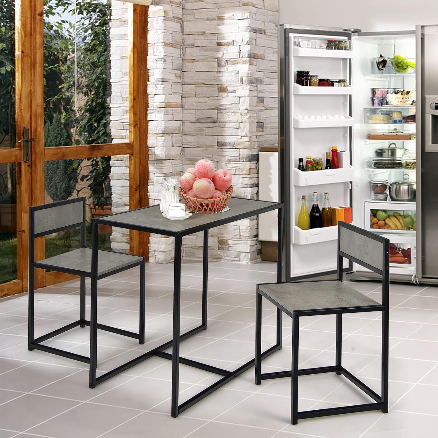 GIANTEX Bar Table Set 3-Piece Dining Table with 2 Chairs, Dining Room Set, Small Kitchen Table Set for 2 People, Dining Room Table, Bistro Table Set, Kitchen Bar Seating Set (Grey)
