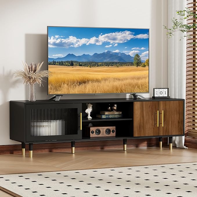 TV Stand with Glass Sliding Door, 66” Mid Century Modern TV Cabinet for TVs up to 75 inch, Entertainment Center with Storage Cabinet, Television Console for Living Room, Bedroom, Black
