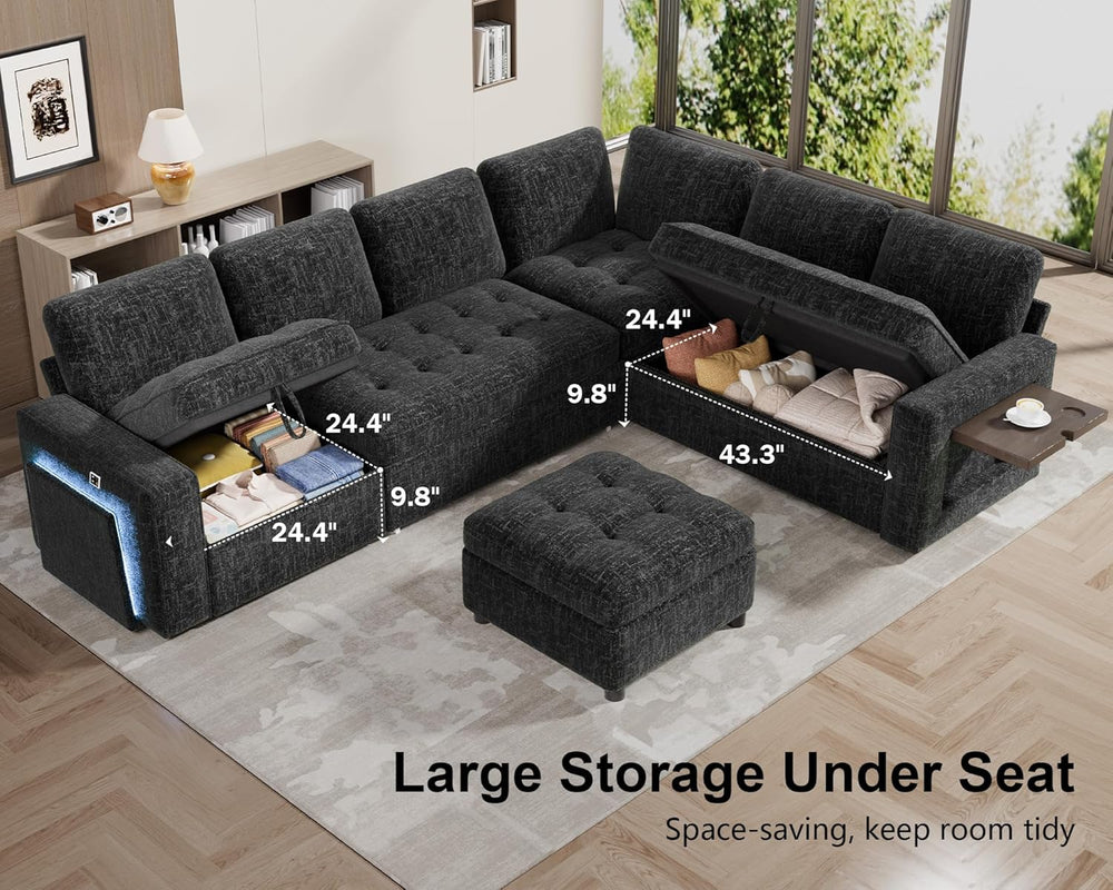WEUP 7 Seat L Shaped Sectional Sleeper Sofa Bed with Pull Out Bed, Chenille S...