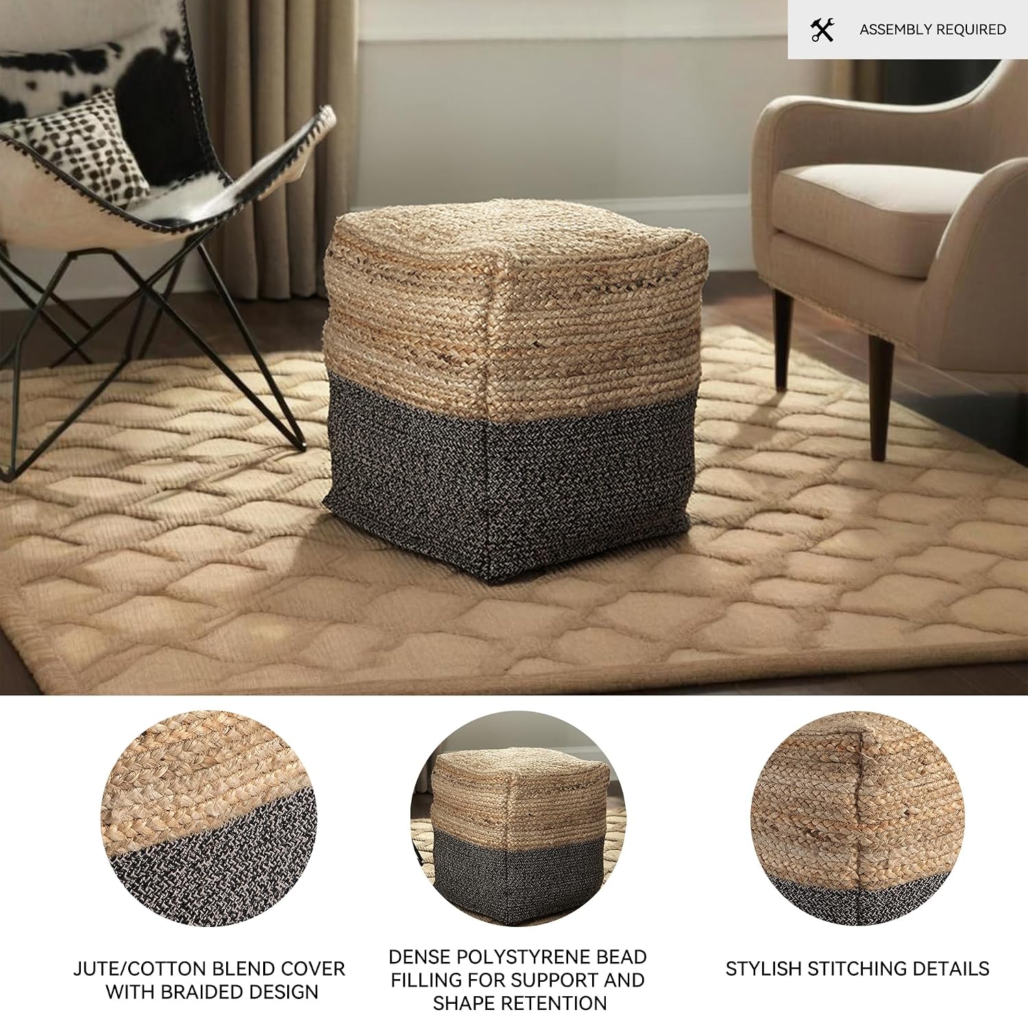 Signature Design by Ashley Sweed Valley Farmhouse Jute Braided Pouf, 17.5 x 20.25 inches, Natural & Black