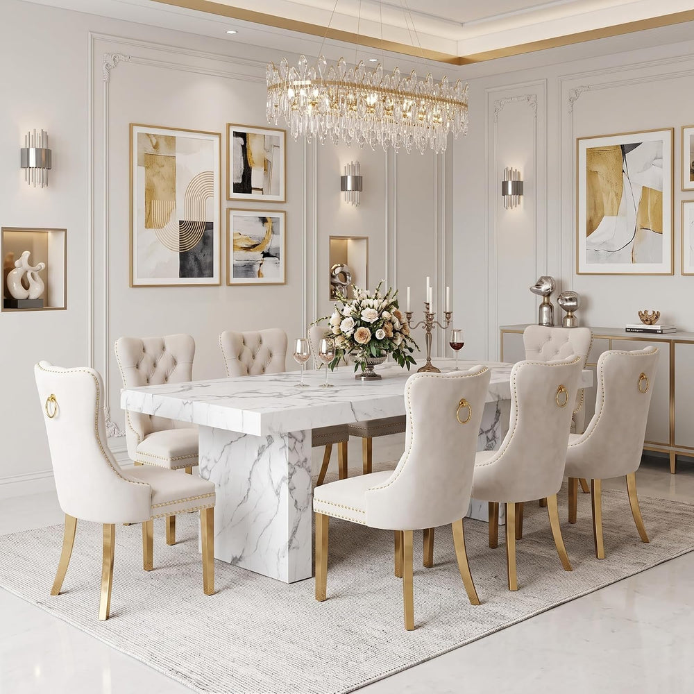 gopop 9 Piece White Dining Table Set, 79" Marble Dining Table Set for 8,...