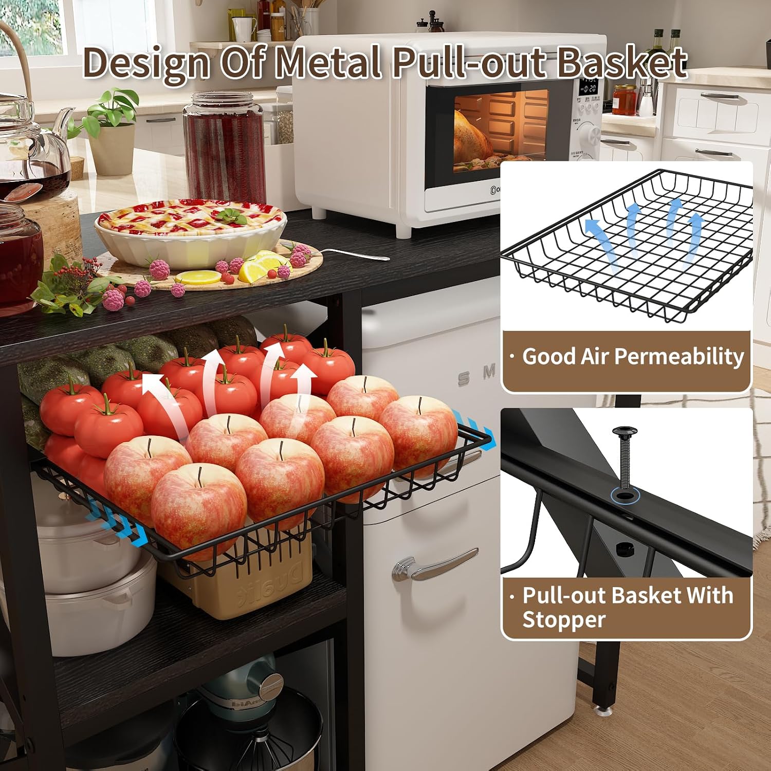 METYERRY Kitchen Bakers Rack with Power Outlet,Mini Fridge Cabinet with Mesh Basket, Mini Fridge and Microwave Table with Storage for Office,Kitchen,Living Room,Coffee Bar,Patio, Black