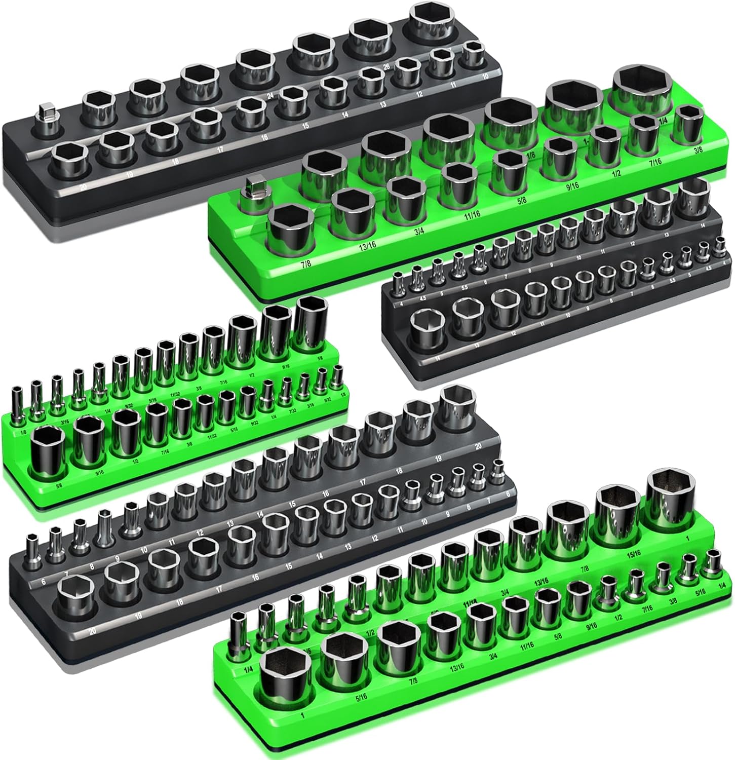 Magnetic Socket Organizer Holder Set For Tool Box Drawer, Toolbox Organization Including 1/4", 3/8" and 1/2" Drive Metric SAE Socket Trays (Sockets are not Included)
