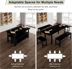 Feonase 5-Piece Dining Table Set for 4-8 People, 63" Large Extendable Kitchen Table Set with 2 Benches and 2 Square Stools, Dining Room Table with MDF Wood Board, Easy Assembly, Black