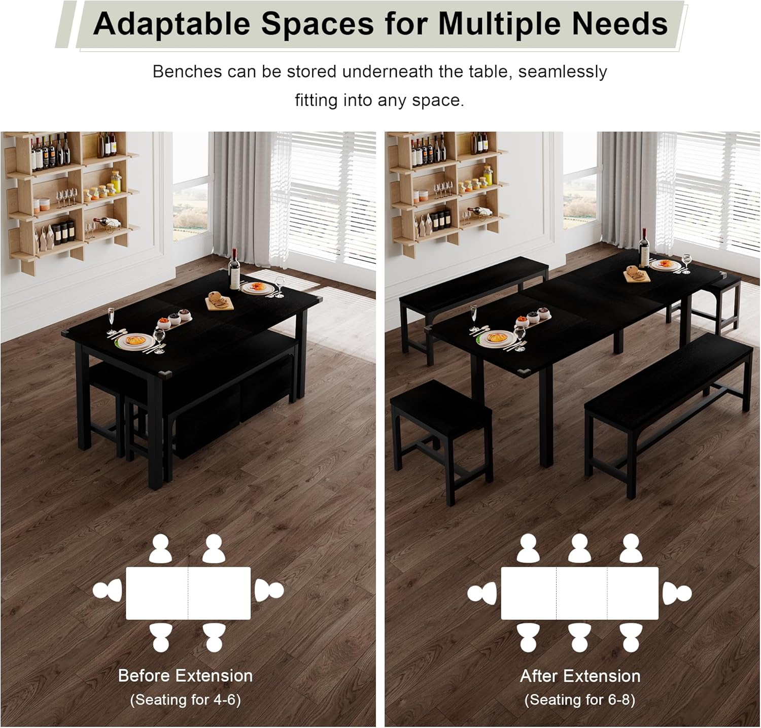 Feonase 5-Piece Dining Table Set for 4-8 People, 63" Large Extendable Kitchen Table Set with 2 Benches and 2 Square Stools, Dining Room Table with MDF Wood Board, Easy Assembly, Black