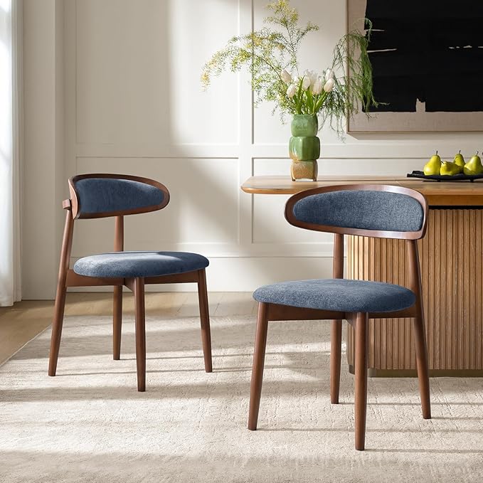 HULALA HOME Dining Chairs Set of 2 Mid-Century Modern Fabric Upholstered Dining Room Chairs Kitchen Side Chair with Open Curved Back, Walnut Rubber Wood Legs, Dinner Chairs for Living Room, Admiral