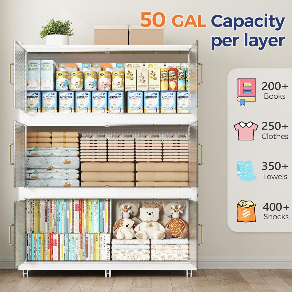 150GAL Extra Large Storage Bins with Lid, 600QT Collapsible Organizer with Wheels, Stackable Closet Cabinet with Doors, Folding Storage Containers for Home, Office, Kitchen, 3Pack White