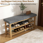 2 Tier Shoe Rack Bench with Cushion, Rubberwood Shoe Benches, Mid-Century Modern Shoe Storage Bench for Entryway, Hallway, Living Room, Closet, Front Door Entrance, Dark Grey