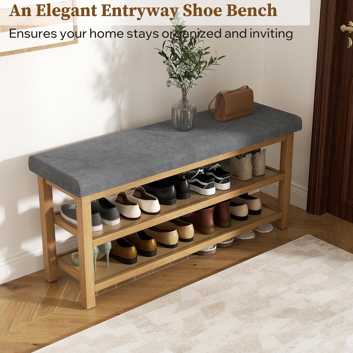 2 Tier Shoe Rack Bench with Cushion, Rubberwood Shoe Benches, Mid-Century Modern Shoe Storage Bench for Entryway, Hallway, Living Room, Closet, Front Door Entrance, Dark Grey