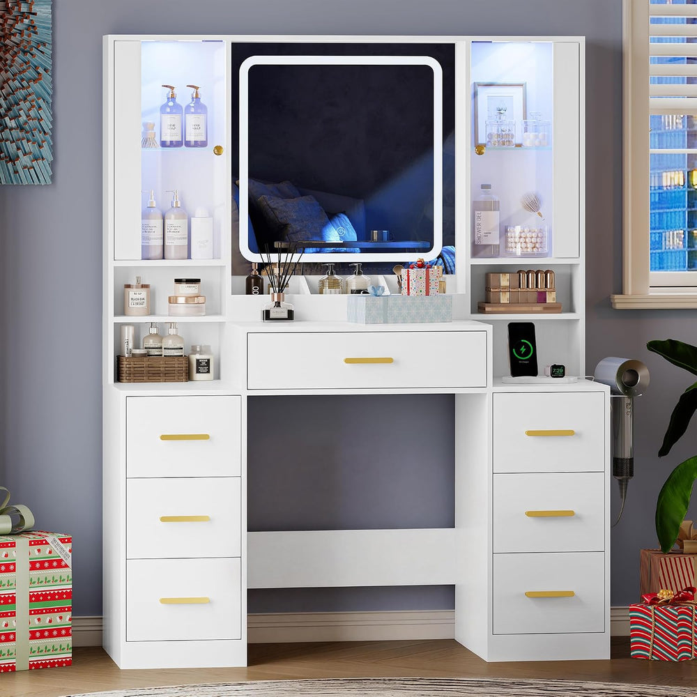 HUANLEGO Makeup Vanity Desk with Mirror and LED Lights for Girls, White