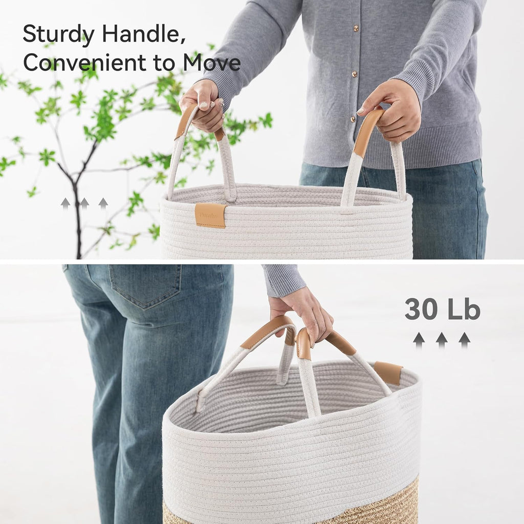 75L Striped Laundry Hamper with Leather Handles,Large Foldable Laundry Basket for Clothes,Cotton Rope Storage Bin for Blankets,Woven Clothes Basket for Bedroom,Beige Stripes