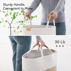 75L Striped Laundry Hamper with Leather Handles,Large Foldable Laundry Basket for Clothes,Cotton Rope Storage Bin for Blankets,Woven Clothes Basket for Bedroom,Beige Stripes