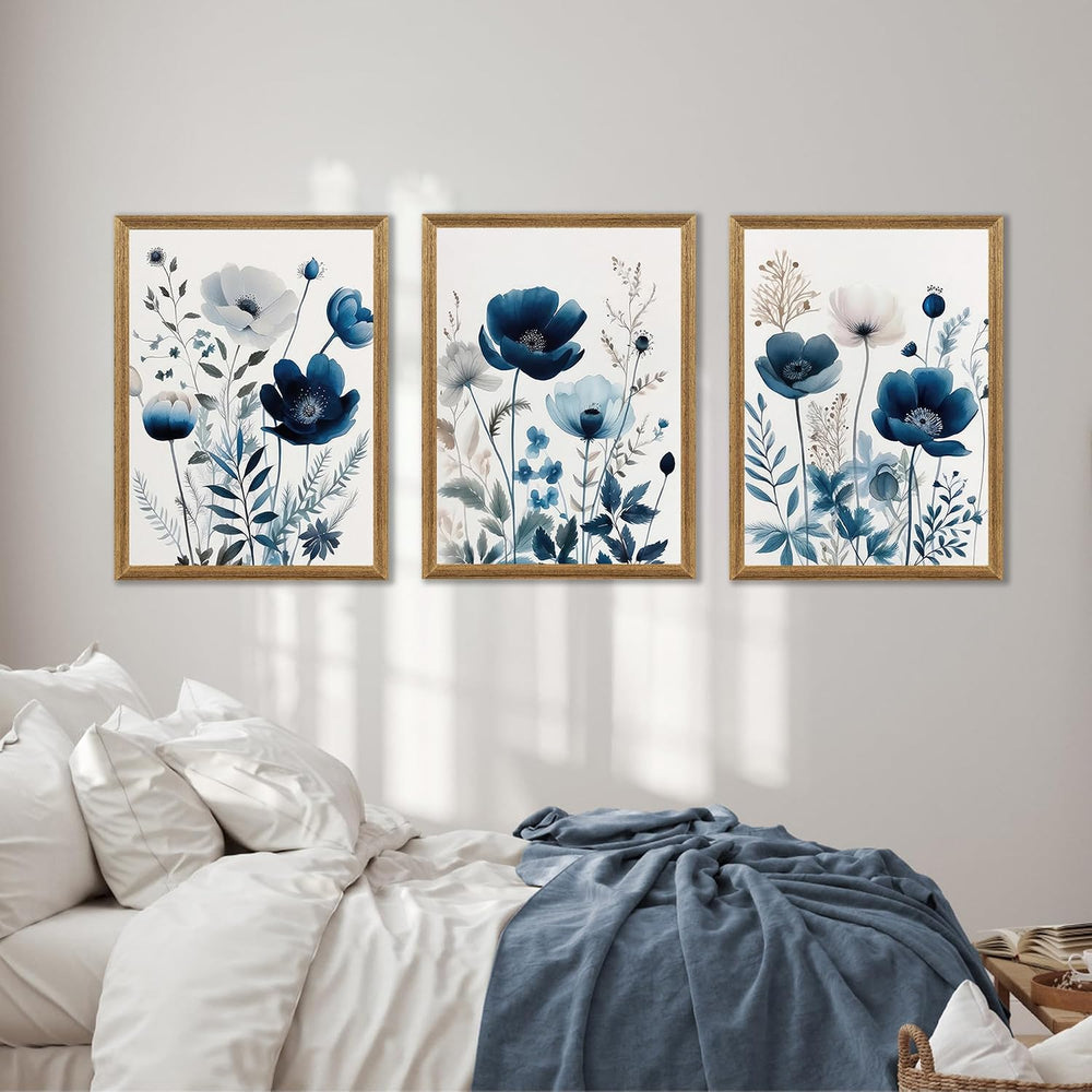 DUWQU Triptych Navy Blue Watercolor Botanical Floral Wall Art 12x16 in x3