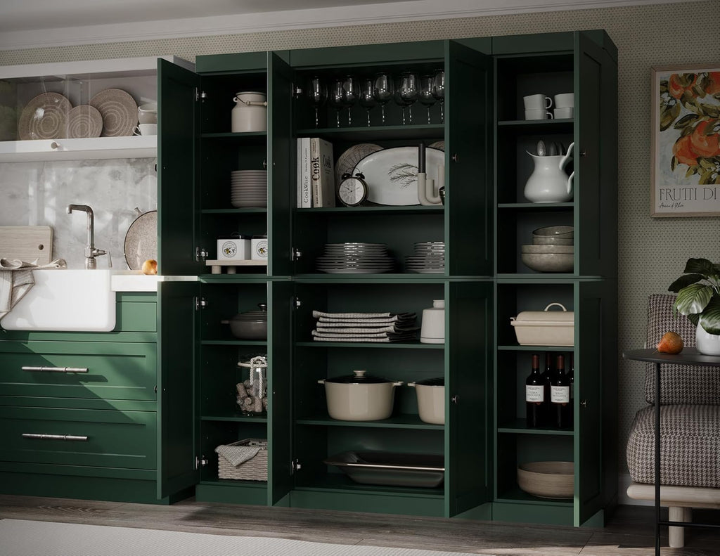 Palace Imports Solid Wood Pantry Cabinet - 71.5" Tall x 65" W - Wood Storage Cabinet w/ 8 Shaker Wooden Doors, 12 Adjustable Shelves - Kitchen Cupboard - Green, 100% Eco-Friendly Pine, Made in Brazil