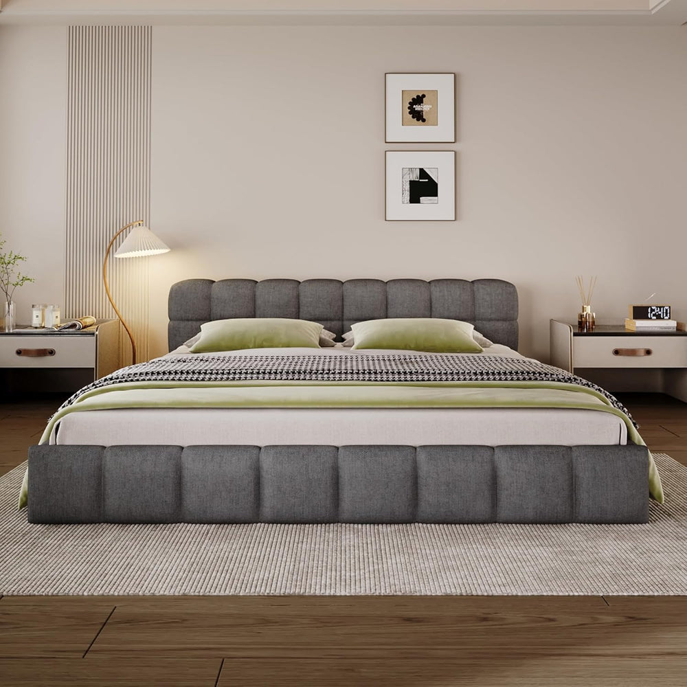 Merax King Size Elegant Chenille Upholstered Platform Bed with Thick Headboar...
