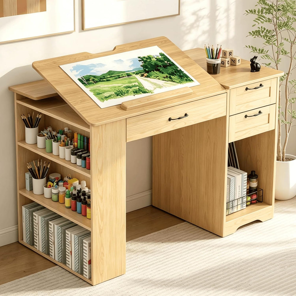 Drafting Table with Storage Cabinet & Drawers, Adjustable Drawing Table w...