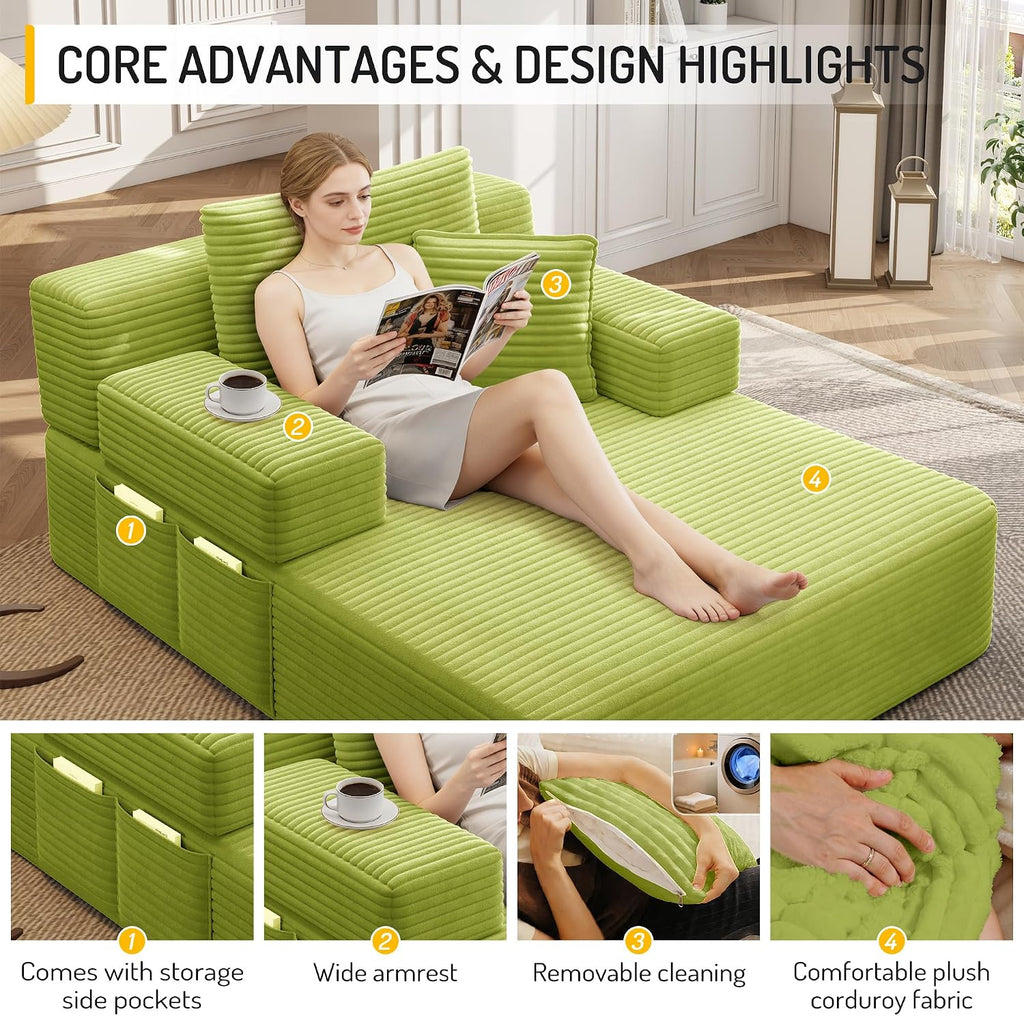 48.5" Boneless Chaise Lounge Chair Sofa Bed Indoor with Zip-Down Convertible Armrests & Backrest, Oversized Cloud Upholstered Compression Sleeper Couch Reading Chairs w/Side Pockets