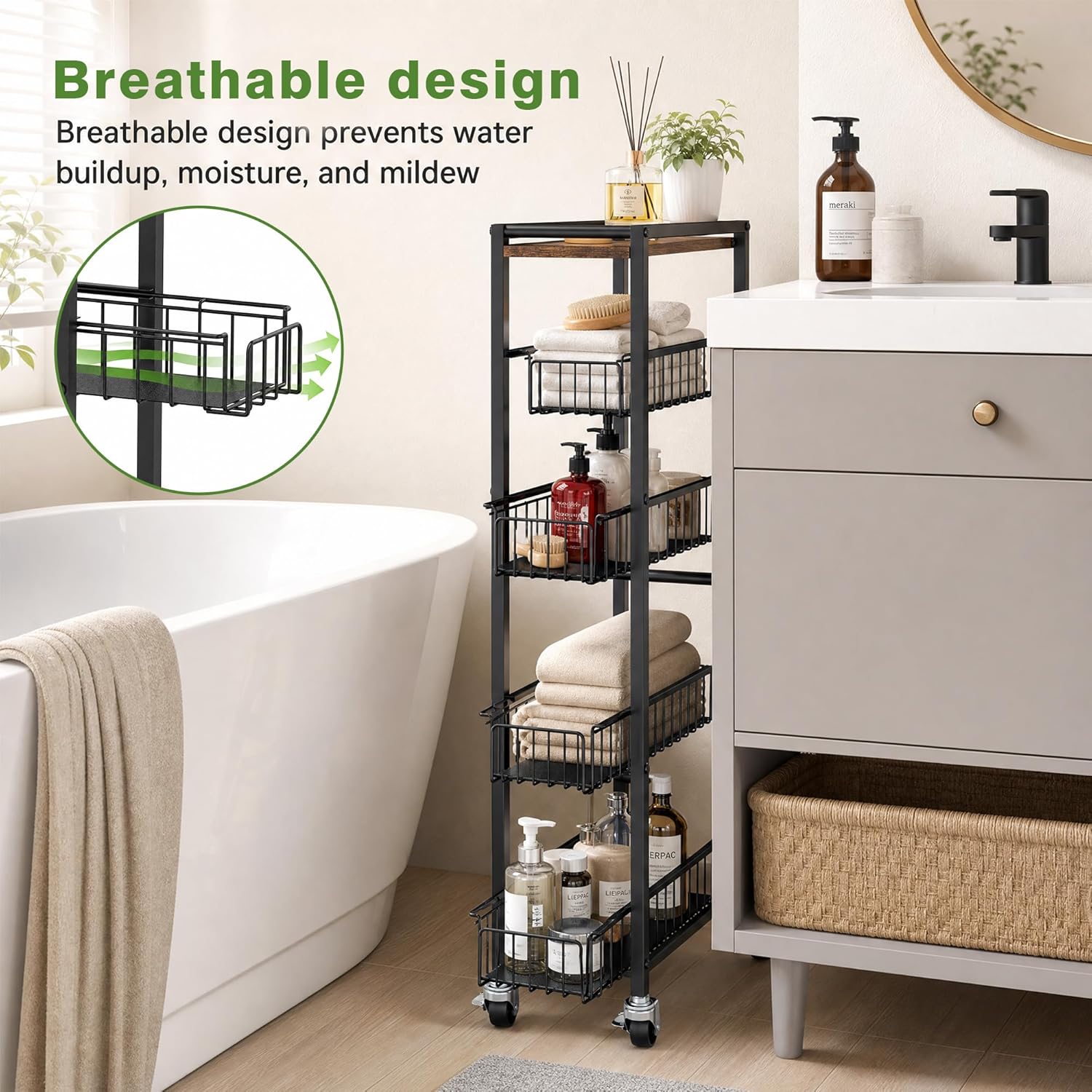 5-Tier Slim Rolling Cart Kitchen Utility Cart, Narrow Kitchen Cabinet with 4 Pull-Out Baskets - Versatile Rolling Storage Cart for Spices, Pantry & Bathroom Organization